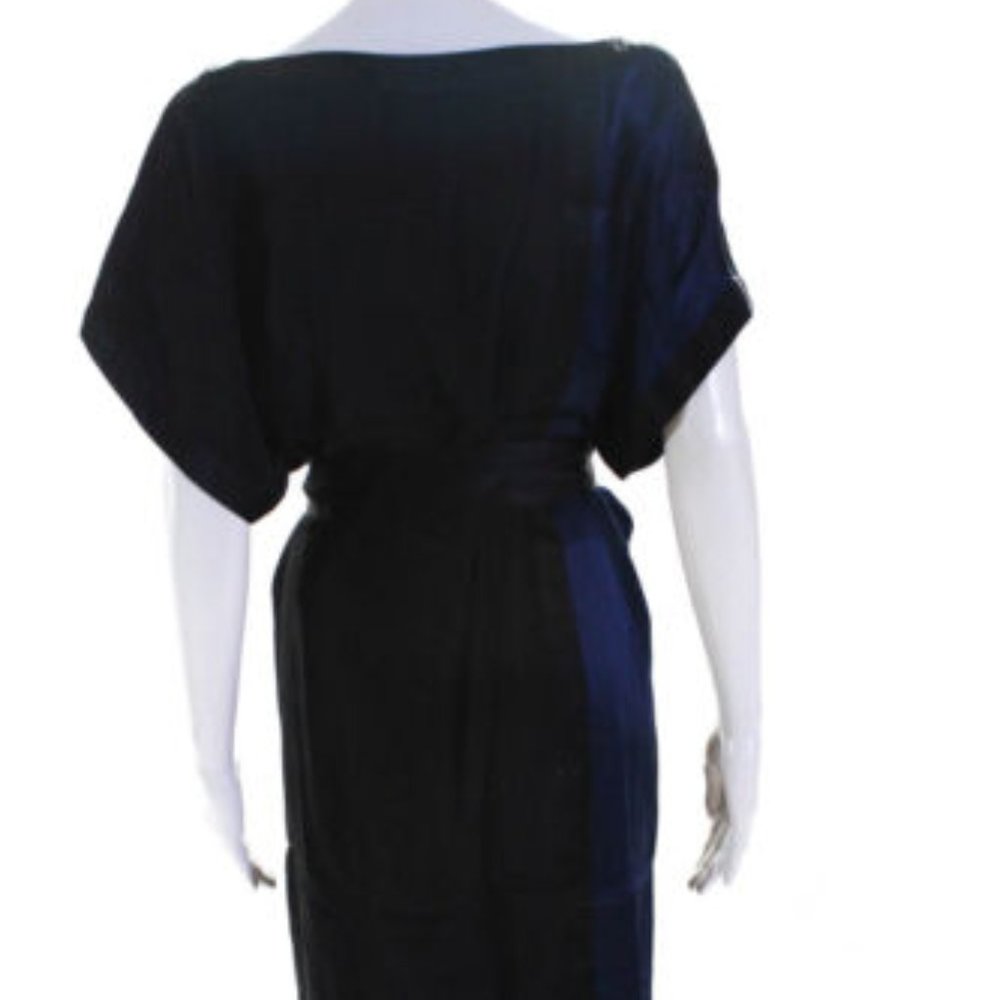 Maison De Papillon Short Sleeve Scoop Neck Belted Silk Dress Blue Black 1